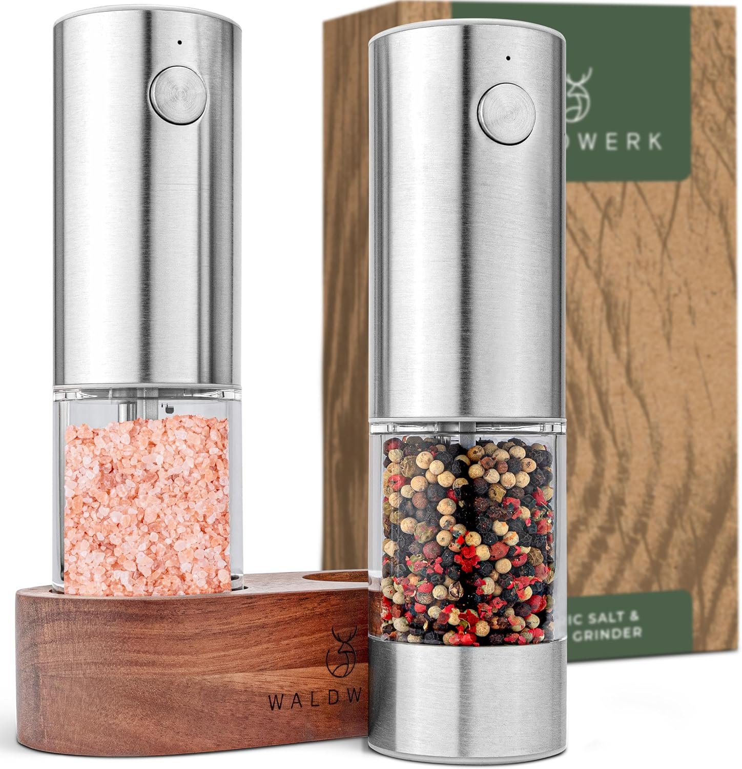 WALDWERK Electric Salt and Pepper Grinder Set (300 mAh Rechargeable Battery) – Salt and Pepper Shakers with Elegant Acacia Wood Stand – Rechargeable Automatic Salt and Pepper Grinder Set