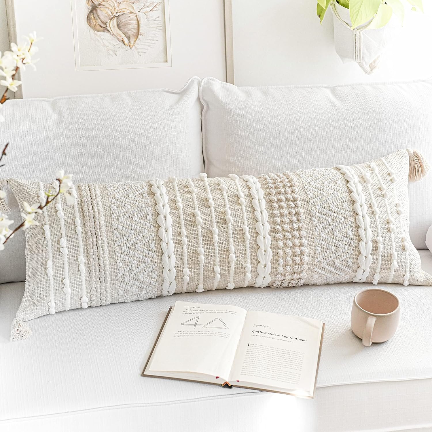 Cream Decorative Lumbar Throw Pillow Cover 14×36 Boho Long Cushion for Bed Neutral Beige White Accent Modern Farmhouse Pillowcase for Bedroom Living Room Couch Sofa Home Décor Cover ONLY