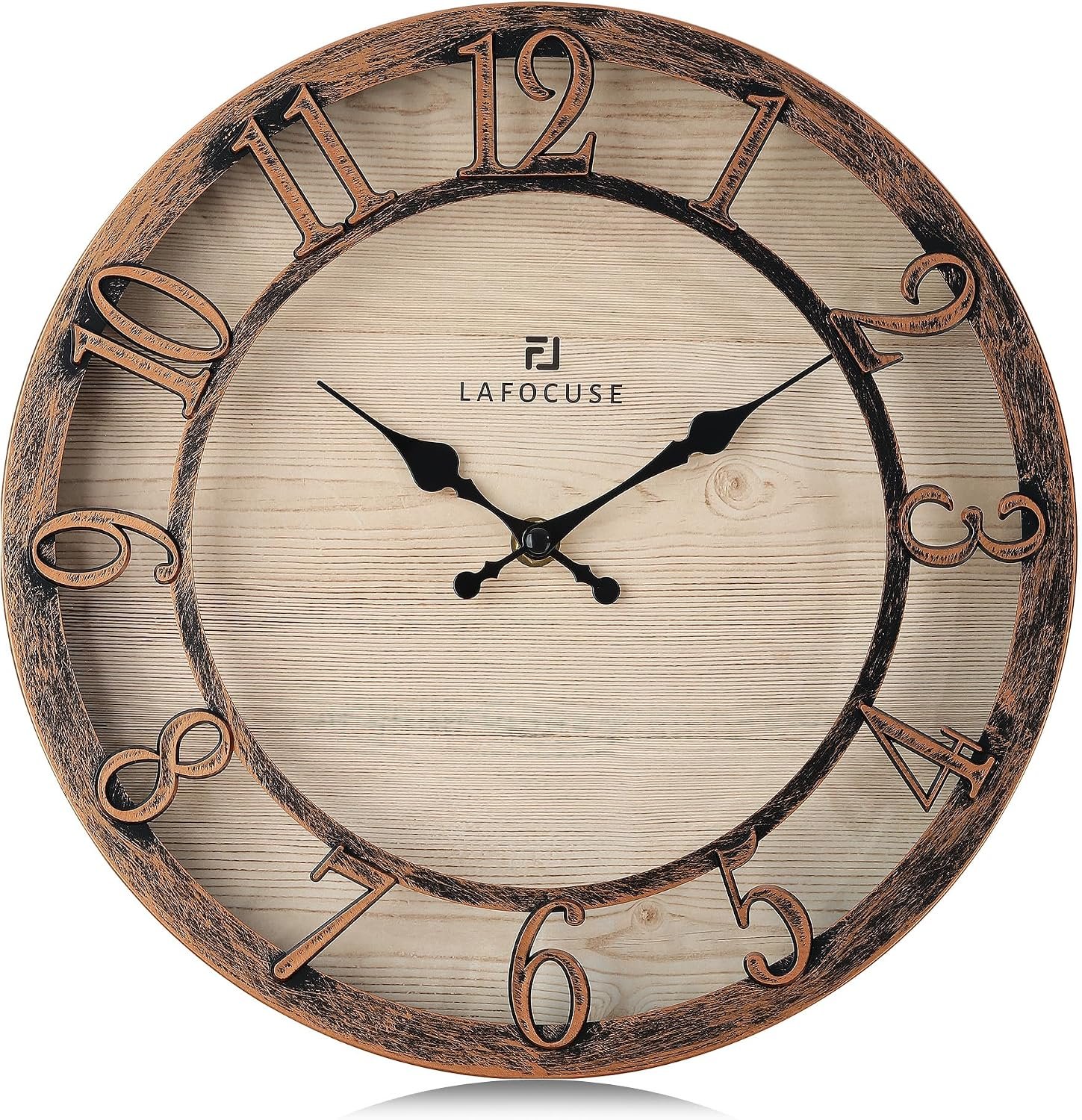 Lafocuse 12 Inch Brown Kitchen Farmhouse Wall Clocks Battery Operated | Raised 3D Numbers, Silent Non-Ticking, Wood-Grain Dial, Vintage Antique Rustic Distressed Style for Living Room Decor Bedroom