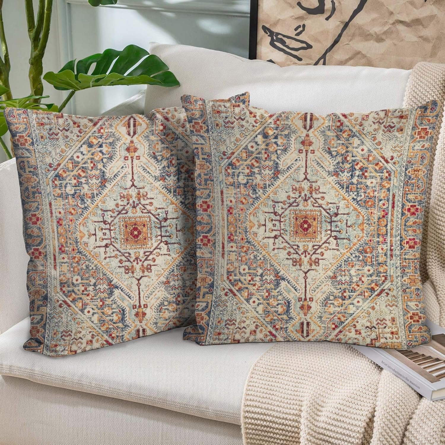 Boho Throw Pillow Covers 18×18 inch Set of 2,Bohemian Vintage Carpet Pattern Antique Ethnic Decor Double Sided Pattern Cushion Cover Soft Pillow Case Living Sofa Room Bed Square Pillow Cover
