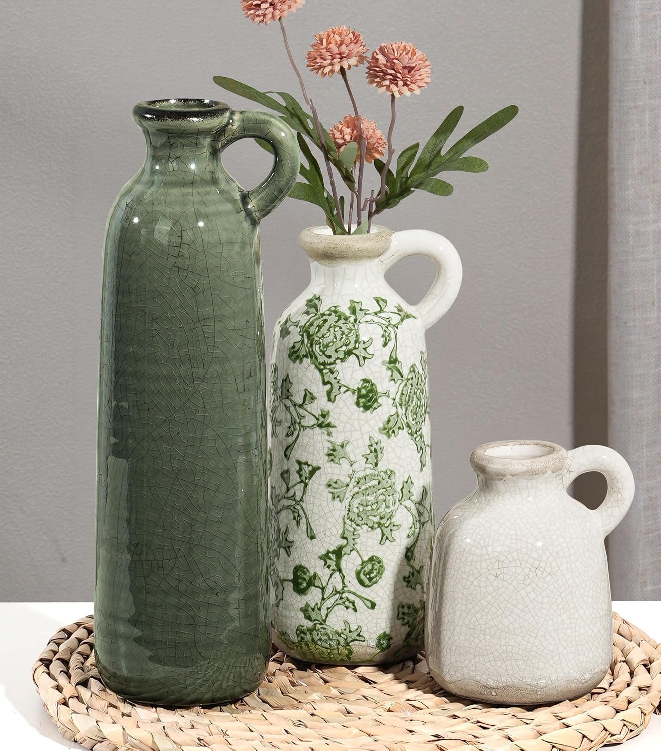 Ceramic Vase Set, 3Pcs Flower Vases for Modern Boho Farmhouse Decor, Decorative Vases for Pampas Grass & Dried Flowers, Distressed Finish