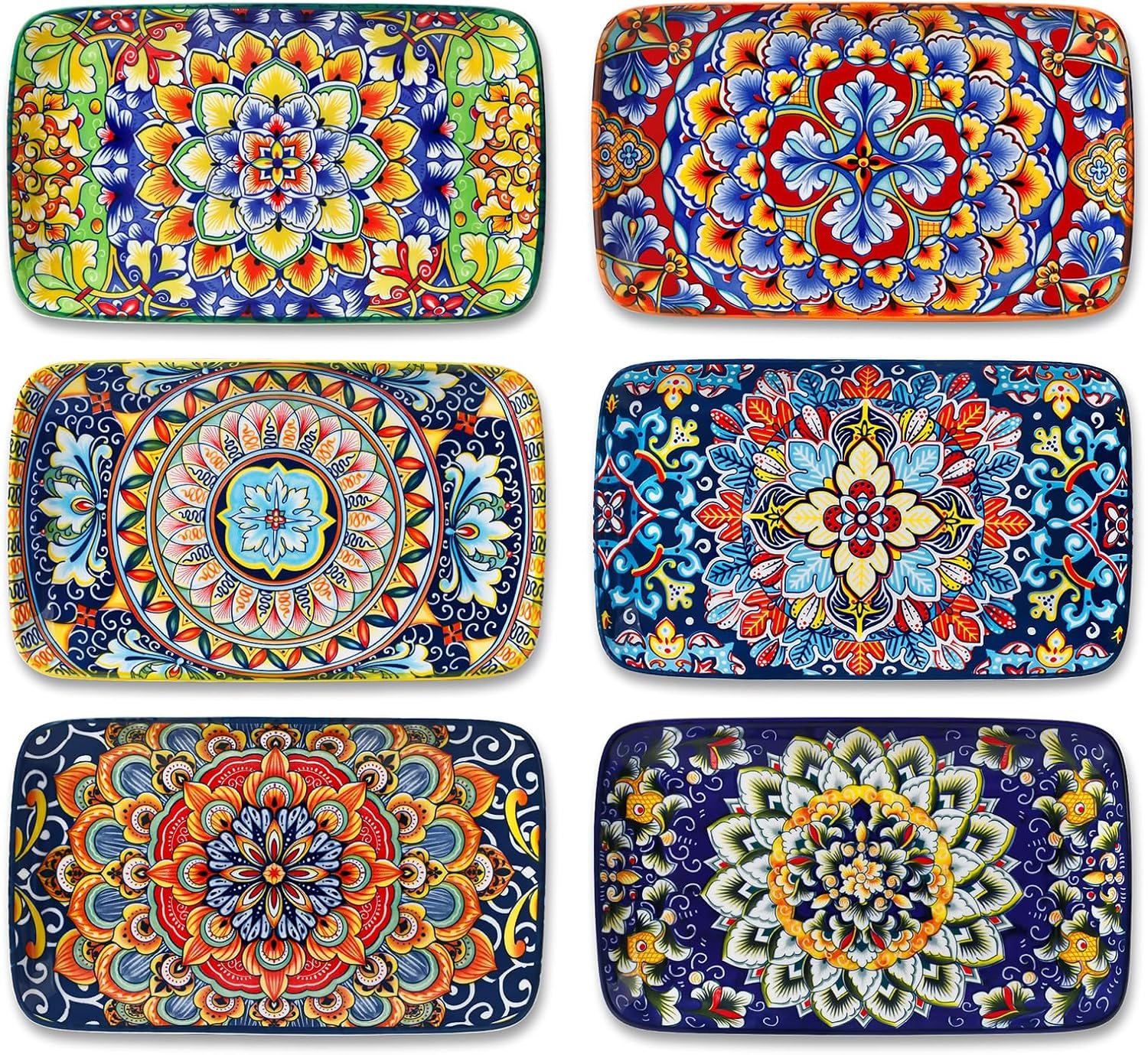 vancasso Simi 6-Piece Rectangular Ceramic Plates Set, 8.5″ x 5.1″ Small Dessert & Sushi Plates, Bohemian Appetizer Serving Plates, Microwave & Oven Safe Porcelain Plates