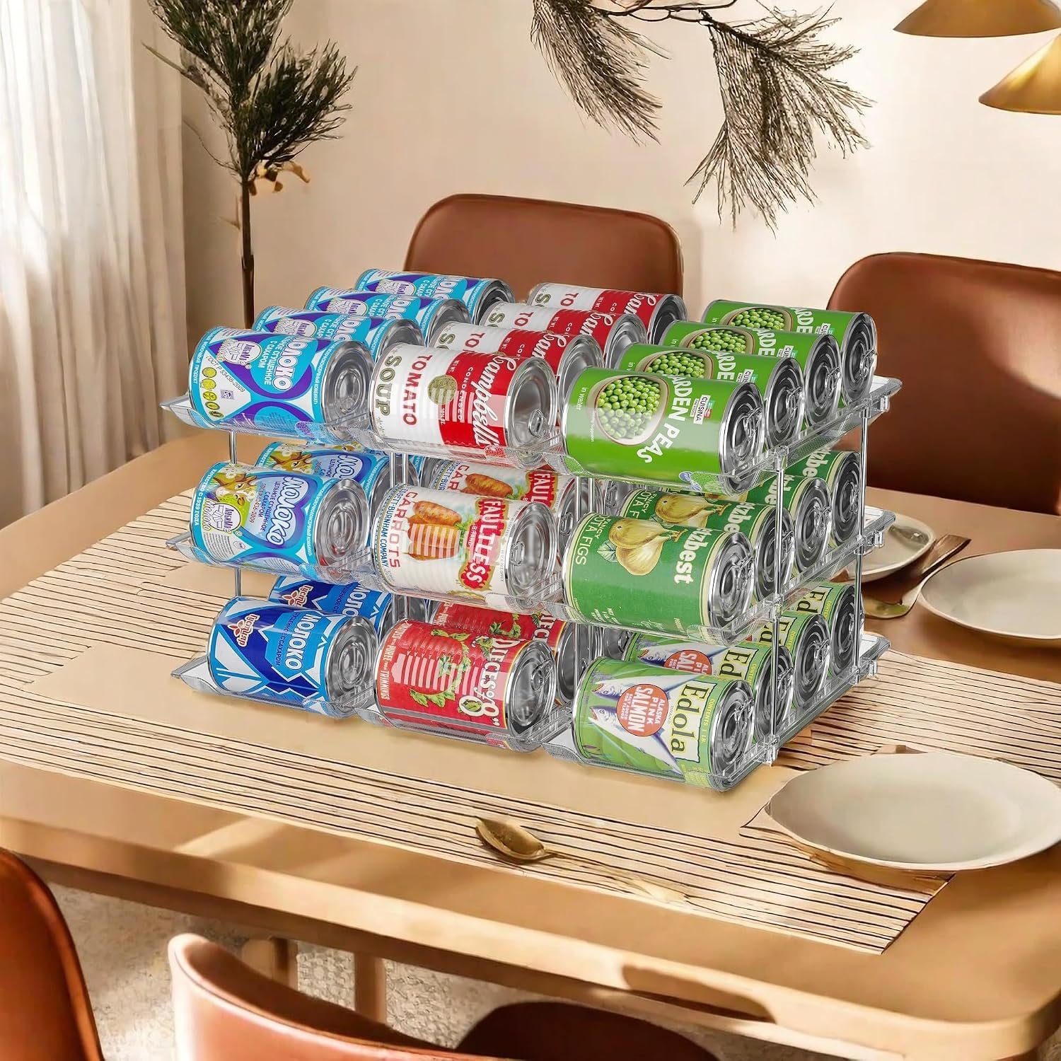 Jsyrjing Can Organizer for Pantry, 3-Tier Stackable Can Dispenser Rack | Automatic Rolling, Modular Flexible Combination, Extra-Thick Clear Material, Cabinet Pantry Fridge Countertop Storage