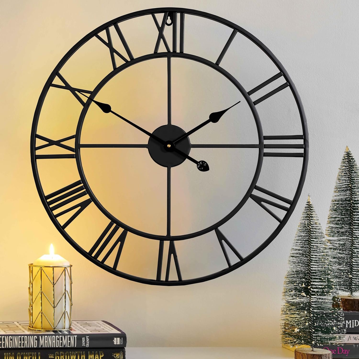 Silent 24 Inch Wall Clock for Living Room Decor,Metal Roman Numeral | Non Ticking,Matt Black,Large Thicker Metal Wall Clock for Dinning Room,Entryway,Home Office & Fireplace Decor