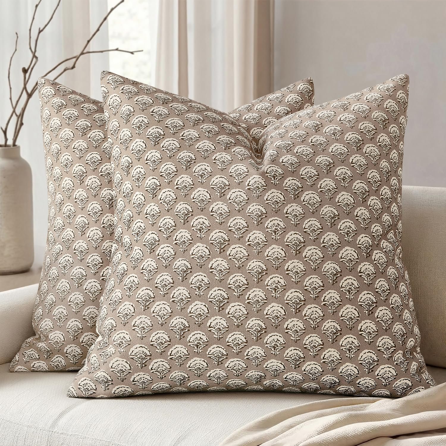 MIULEE Floral Print Decorative Pillow Covers 18×18, Light Taupe | Vintage Boho Farmhouse Modern Home Decor, Set of 2, Block Print Cushion Covers for Couch Sofa Bed Living Room