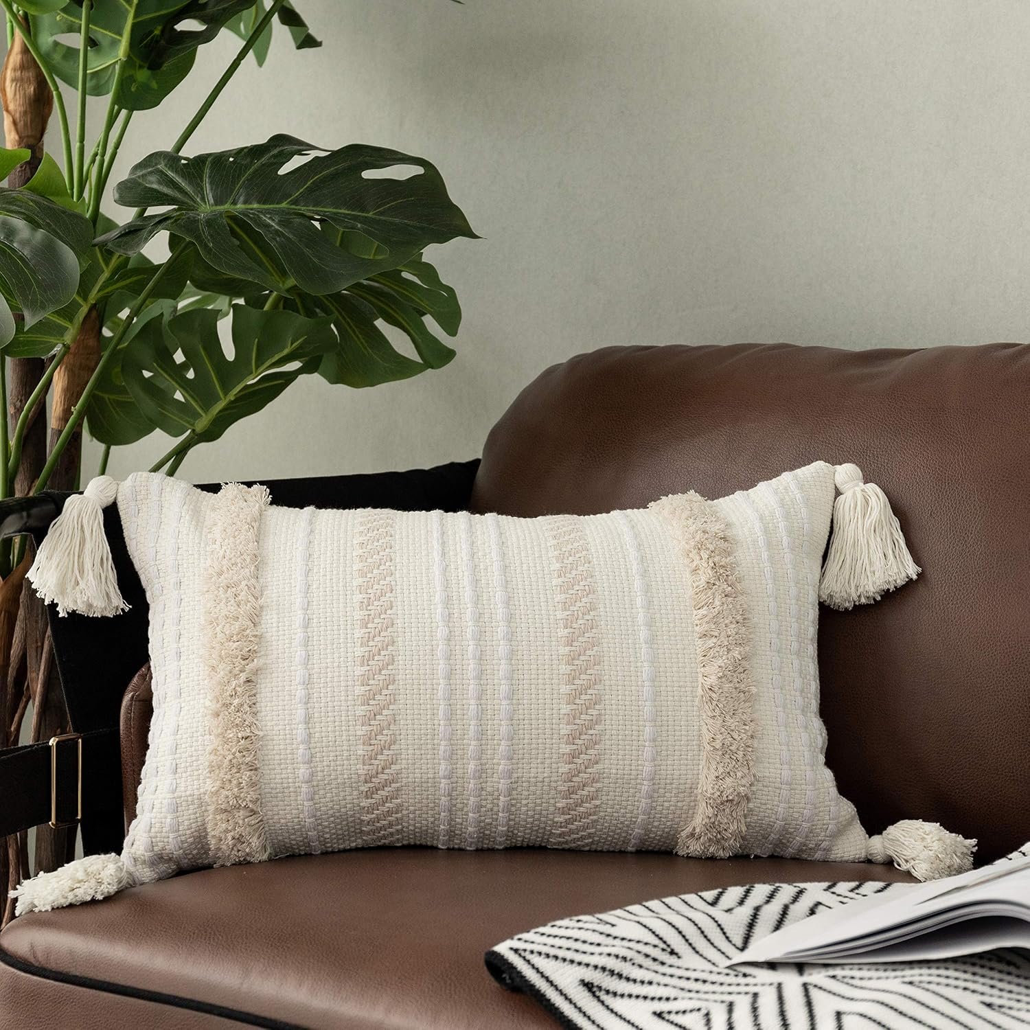 Lumbar Decorative Boho Throw Pillow Cover, 12 x 20 Farmhouse Cute Pillowcase Minimalist Neutral Collection Cream White Tufted with Tassels Woven Cushion Cover for Sofa Couch Bedroom Living Room