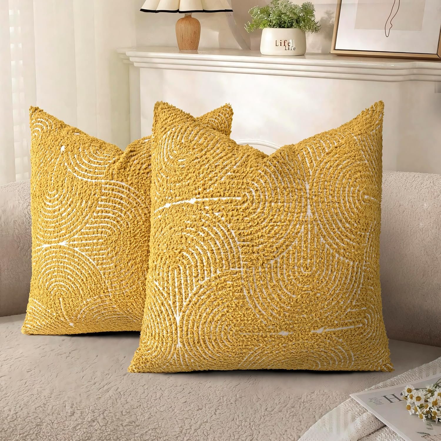 Boho Decorative Textured Throw Pillow Covers 18×18, Organic Modern Mid Century Rainbow Tufted Pillow Case, Farmhouse Rustic Geometric Woven Cushion Case for Bed Couch Sofa, Mustard Yellow
