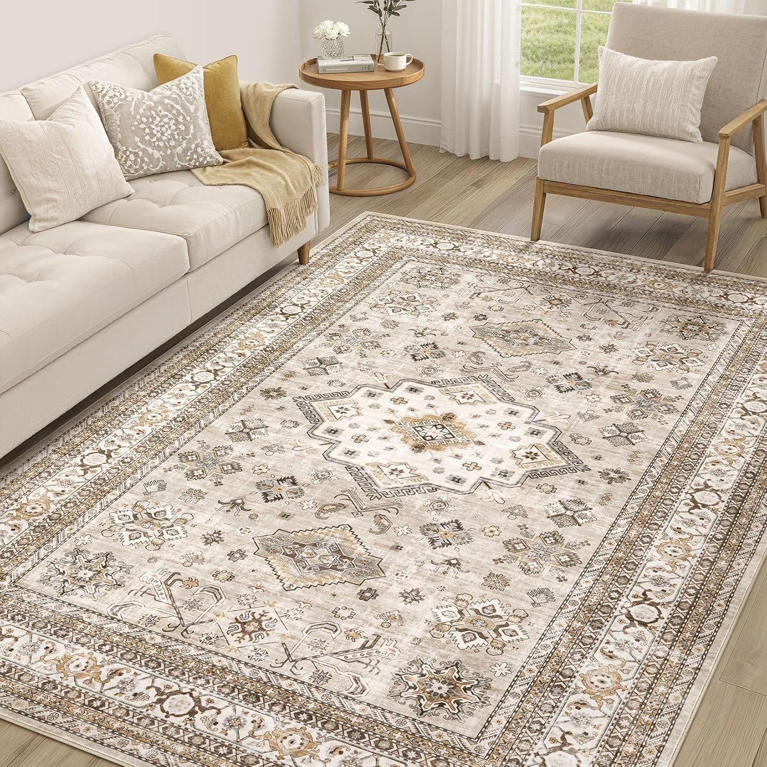 cotiled 6×9 Area Rug for Living Room, Washable, Traditional, Beige | Soft Distressed Oriental Design with Vintage Charm for Bedroom, Dining Room, and Home Office