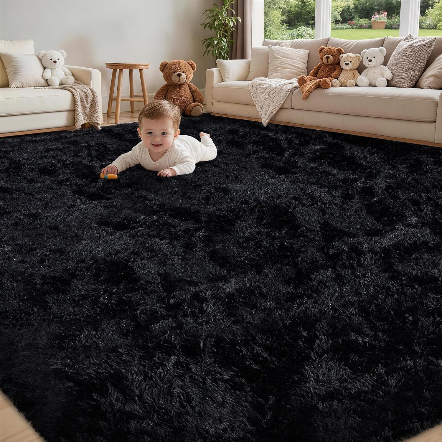 8×10 Area Rug for Living Room,Black Fluffy Shag Non-Slip Bedroom Rugs | Ultra Soft Large Fuzzy Plush Indoor Carpet，Washable Rugs for Bedroom Kids Nursery Office Dorm Modern Decor