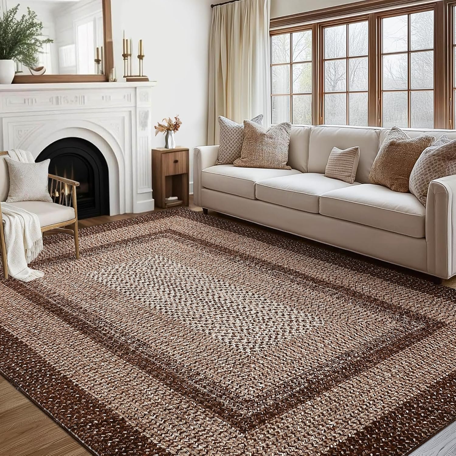 8×10 Washable Area Rug for Living Room with Rubber Backing | Stain Resistant Large Bedroom Throw Carpet Modern Geometric Floor Cover Modern Border Rug for Home Decor Office, Brown