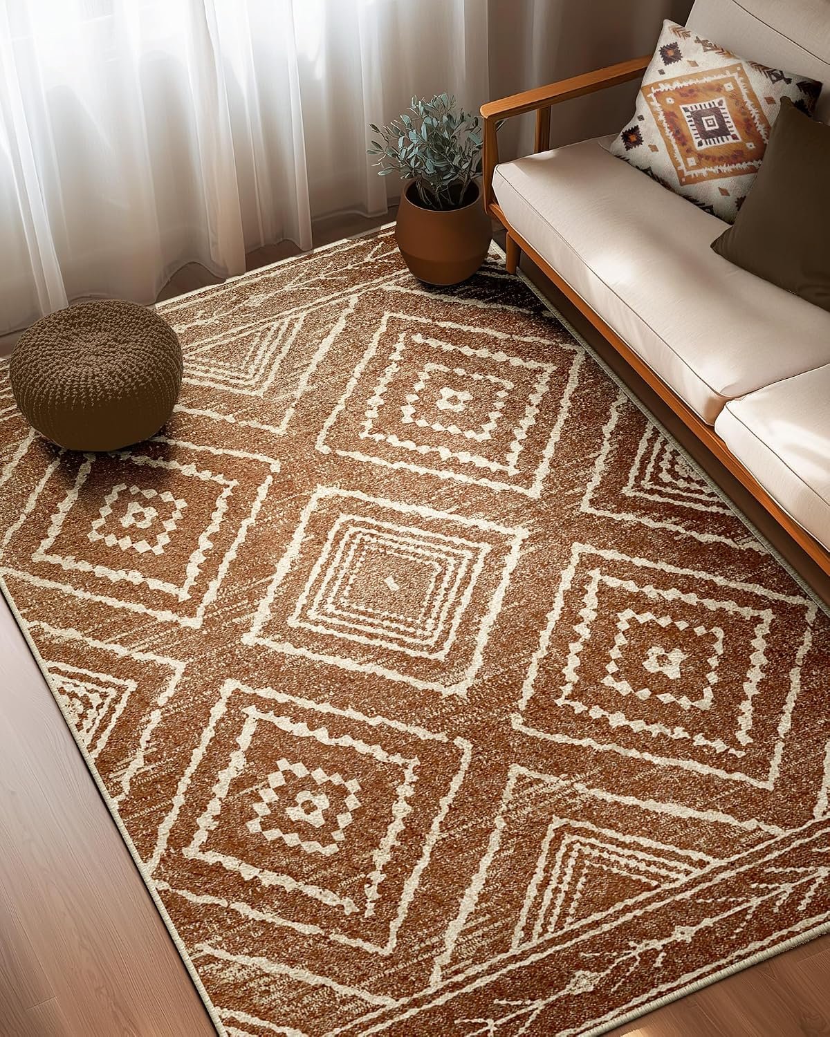 5’x7′ Washable Area Rug for Living Room Bedroom Yellowbrown | Soft Western No Slip Low Pile Print Foldable Indoor for Kitchen Dining Room