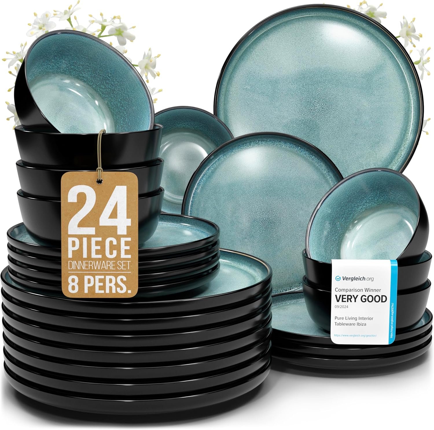 24 Piece Stoneware Dinnerware Set for 8, Handmade Plates and Bowls Set | Reactive Glaze Coating, Dishwasher & Microwave Safe Dish Set, Chip & Scratch Resistant Dishware Set, Ibiza Petrol Blue