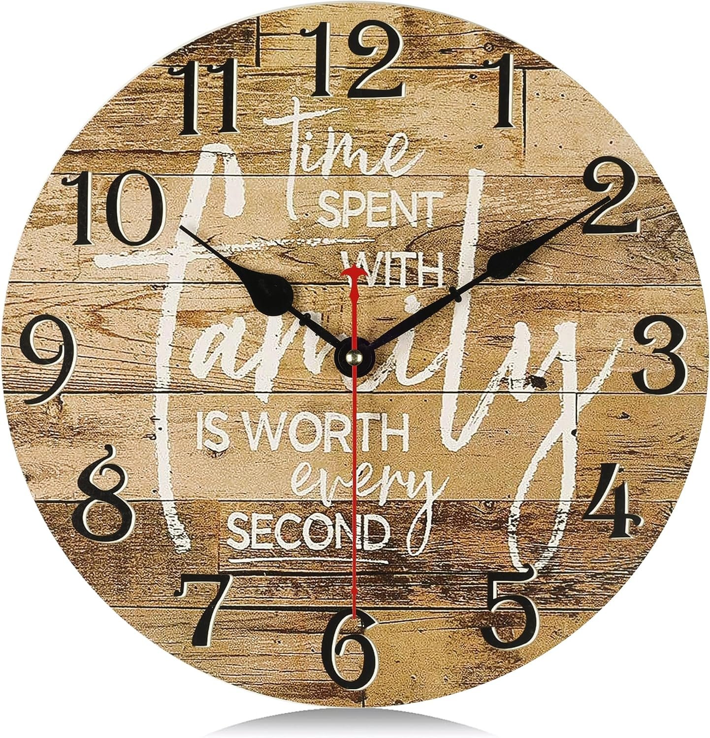 Lafocuse 12 Inch Silent Wooden Rustic Family Wall Clocks for Living Room Decor, Vintage Kitchen Brown Wall Clocks Battery Operated for Bedroom