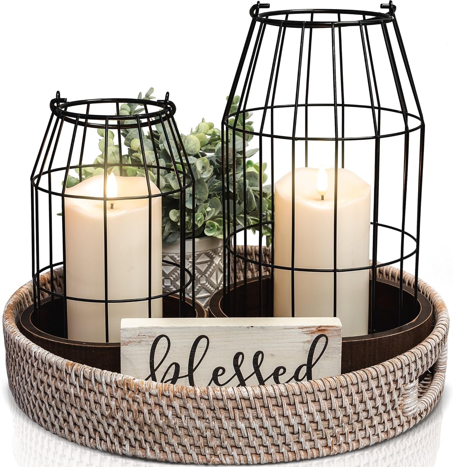 Rustic Farmhouse Lantern Decor Set of 2 – Stylish Decorative Lanterns for Your Living Room, Patio & Porch or Kitchen Dining Table – Modern Indoor/Outdoor Coffee Table Decor for Your Entire Home