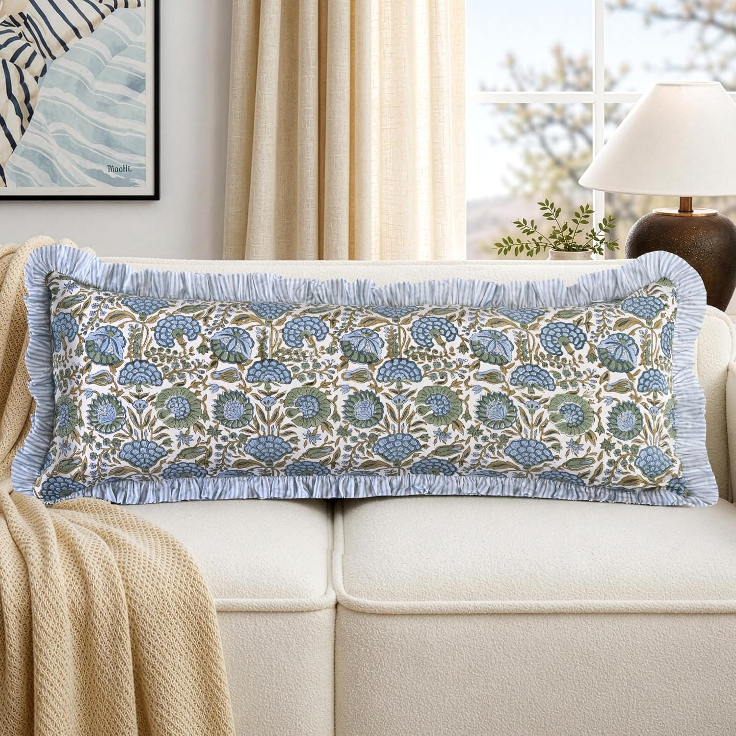 Block Print Asparagus Green 36″x14″ Set 1-100% Cotton Ruffle Lumbar Sham Cover Boho Floral Pillowcase, Farmhouse Cottagecore Bedding, Soft Decorative Cover Gift for Spring, Easter, Valentine