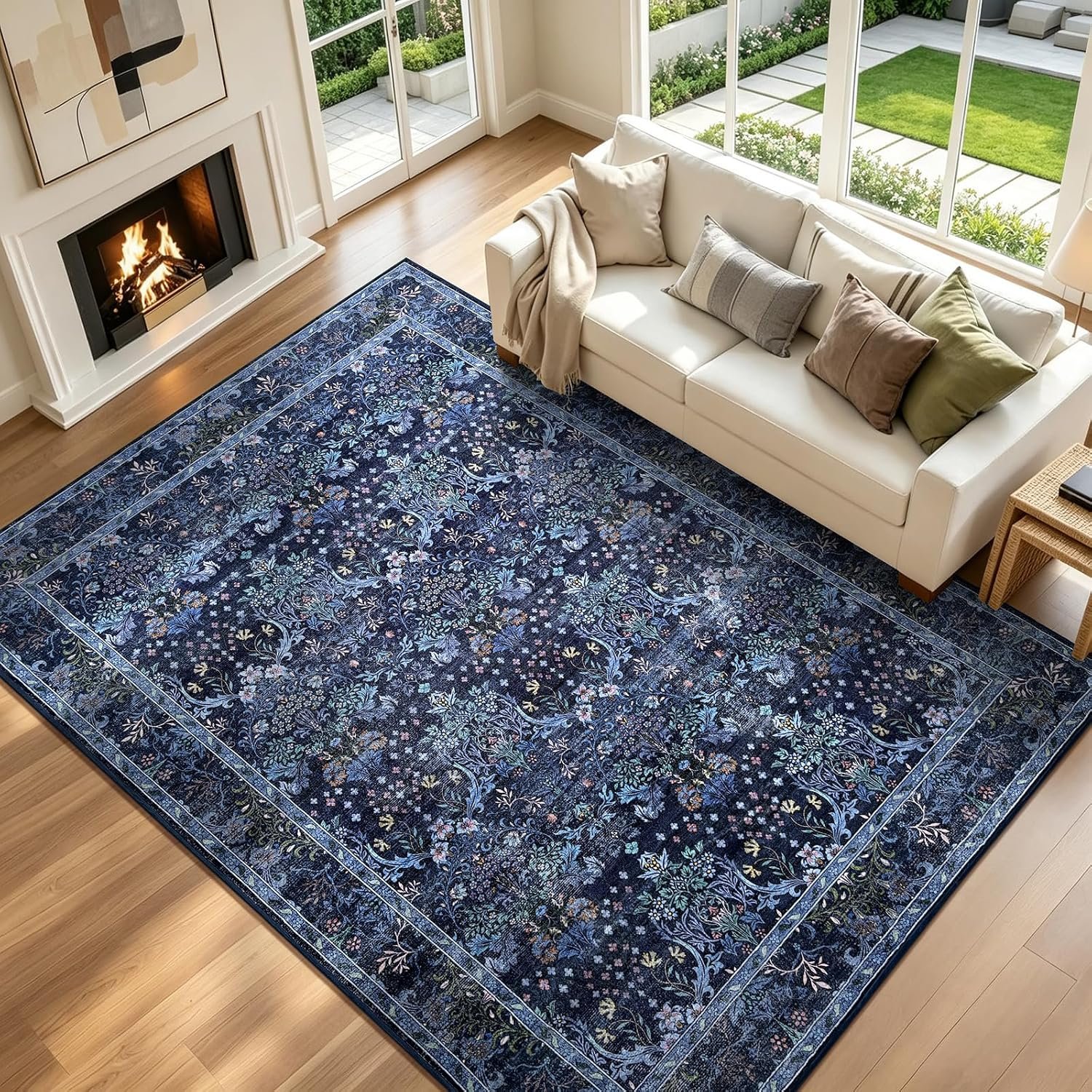 Mordem 8×10 Area Rugs Boho Floral Washable Rug Non-Slip Stain Resistant Soft Large Carpets for Living Room Bedroom Dining Room Office (Blue, 8′ x 10′)