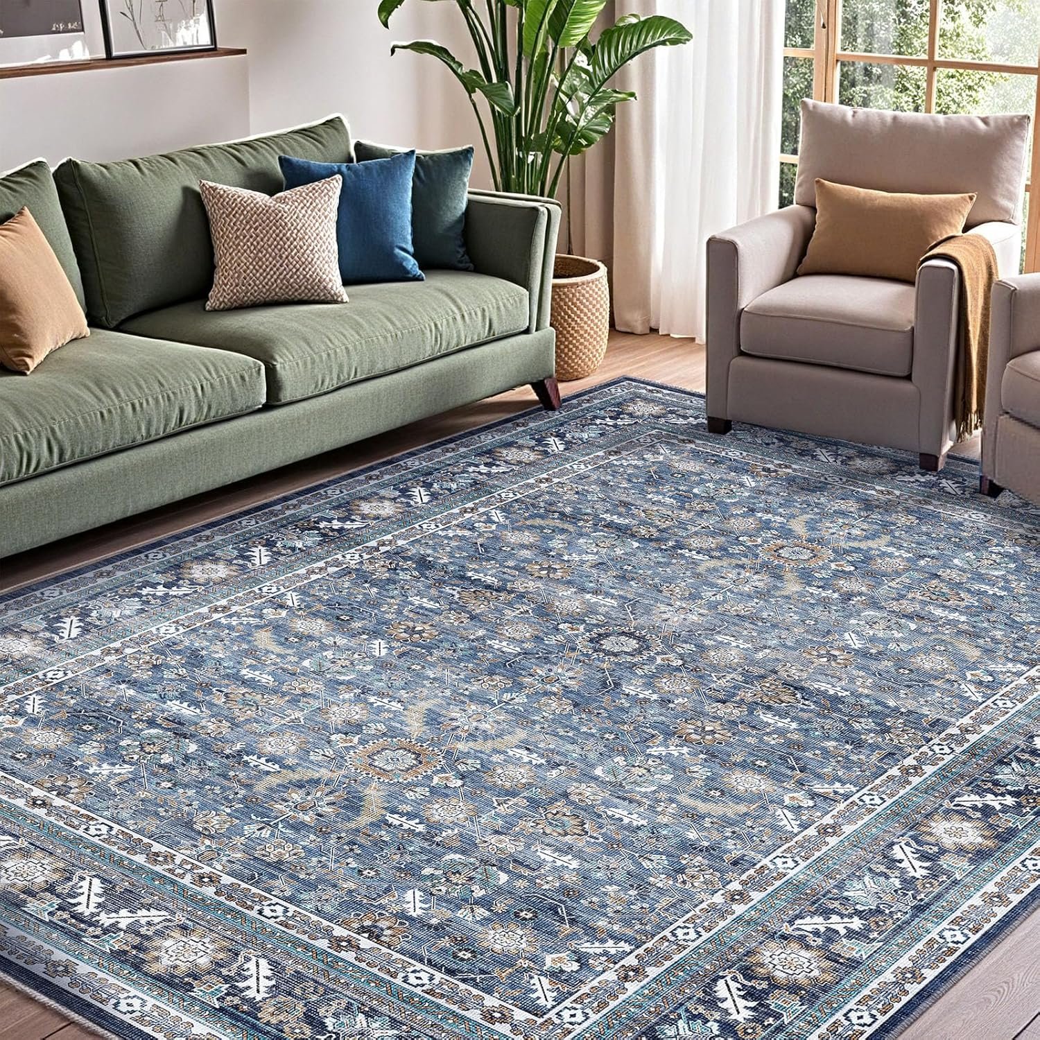 OPPODREAM Vintage Blue Area Rugs 5×7, Washable Rug for Living Room | TPR Non-Slip Backing, Retro Low-Pile Faux Cashmere Surface, 5 by 7 Distressed Carpet for Bedroom, Office, Dorm, Dining Room