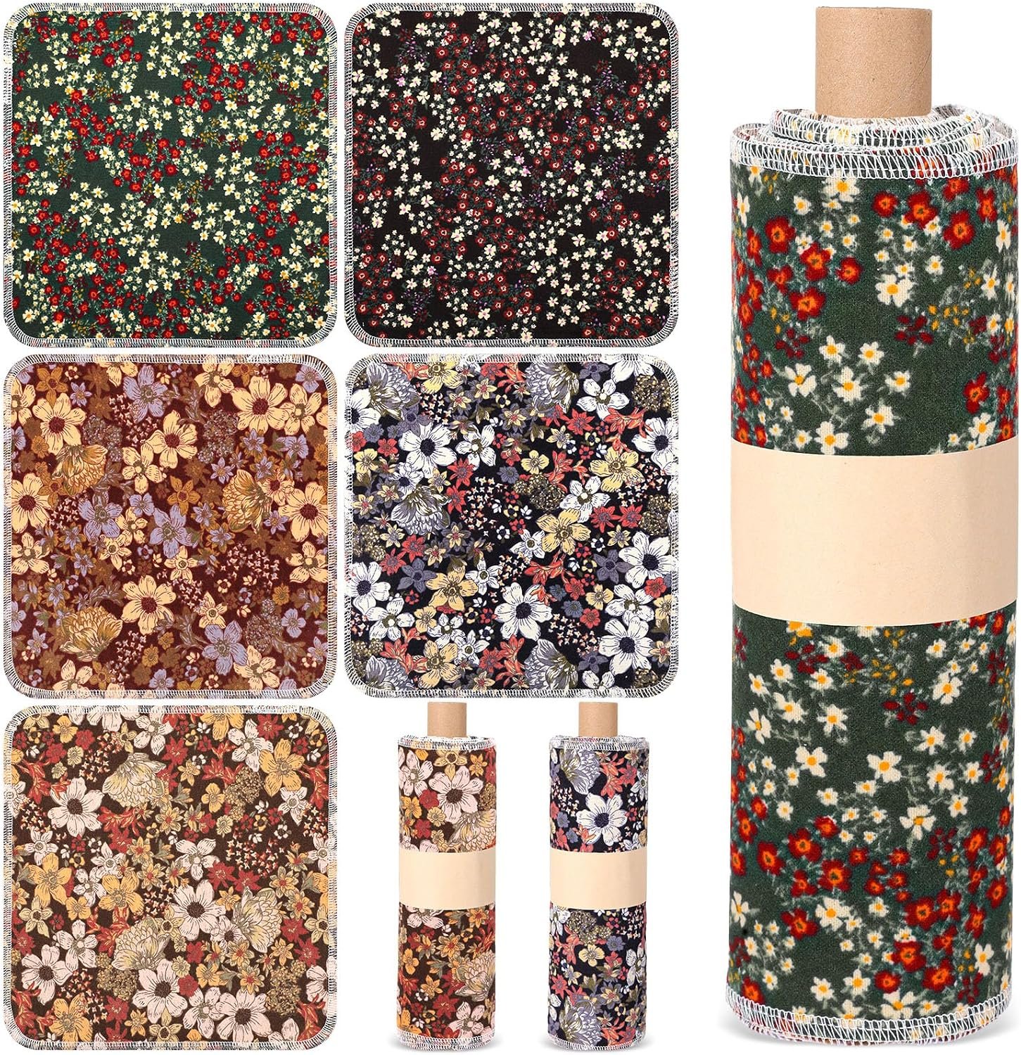 Redbaker 50 Pcs Reusable Paper Towels Paperless Reusable Cotton Cloths Toilet Absorbent Washable Paper Towels with Roll Kitchen Dishcloth for Kitchen Paperless Dishcloths (Flowers)