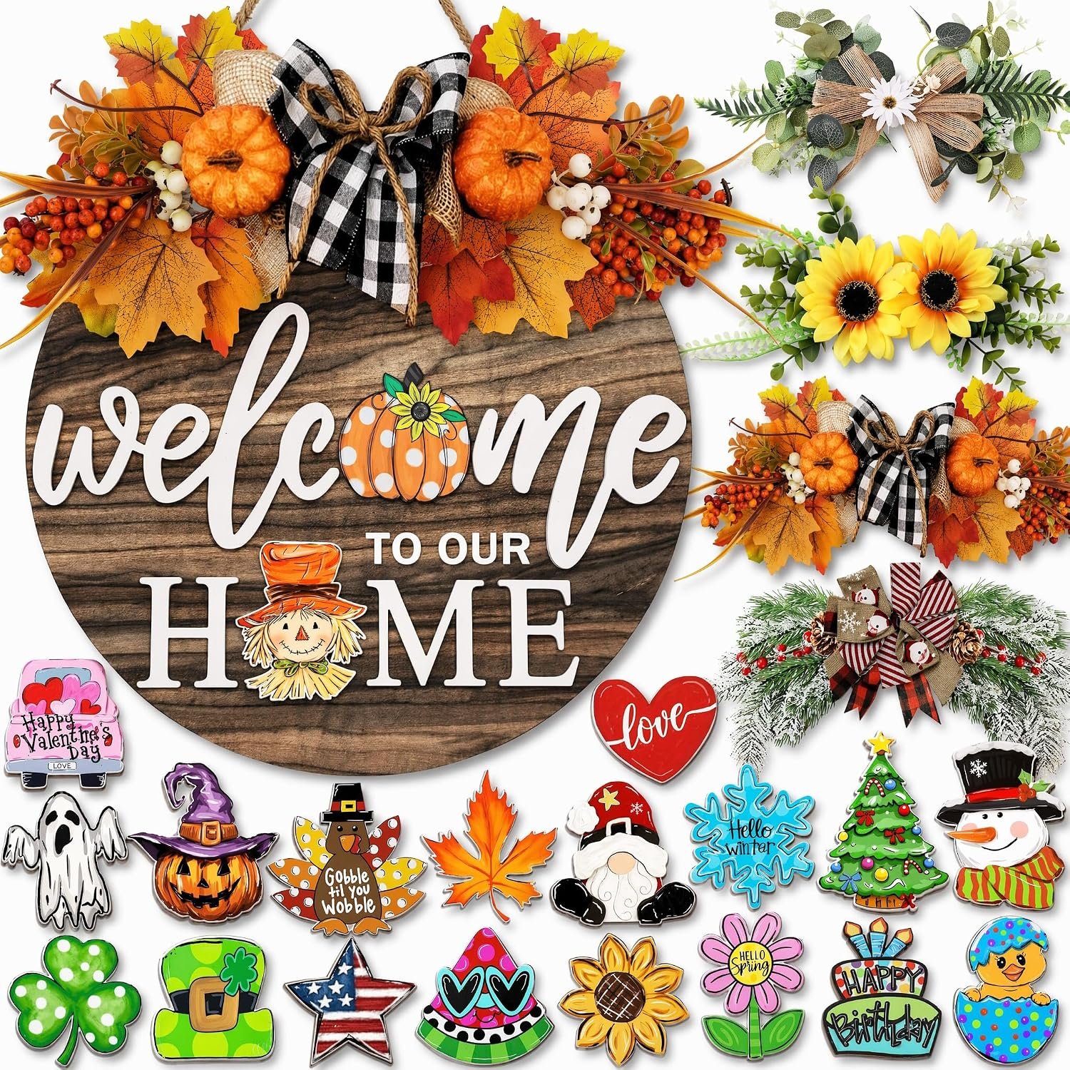Interchangeable Welcome Sign for Front Door with 4 Seasonal Wreaths 21 Changeable Icons, Farmhouse Rustic Outdoor Welcome Signs Porch, Spring Winter Fall Decorations for Home House Warming Gifts