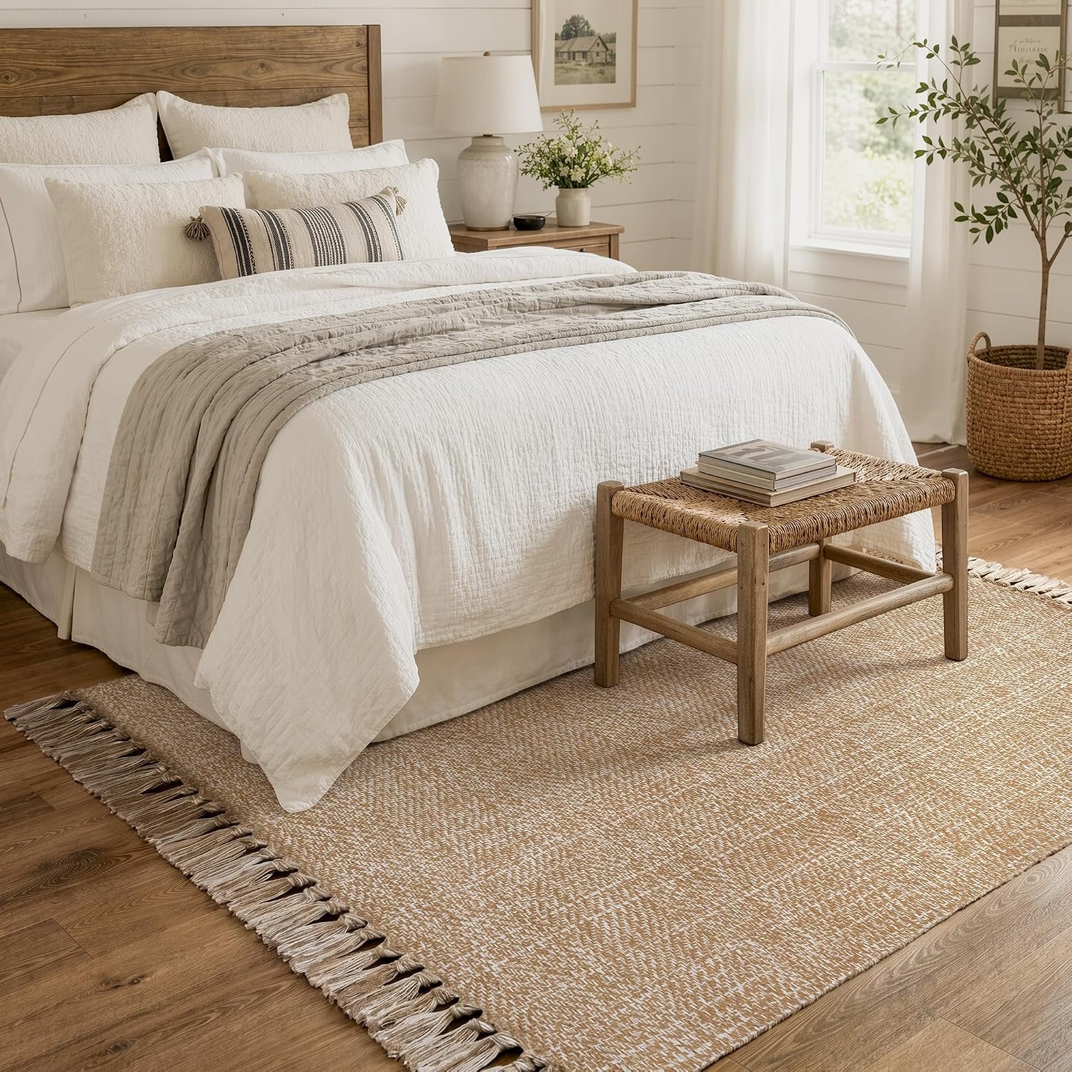 4′ x 6′ Hand Woven Bedroom Area Rug, Boho Indoor Outdoor Rugs | Tan Modern Farmhouse Living Room Rug, Comfy Jute Bedside Mats, Reversible Braided Dining Room Carpet for Nursery Room Patio