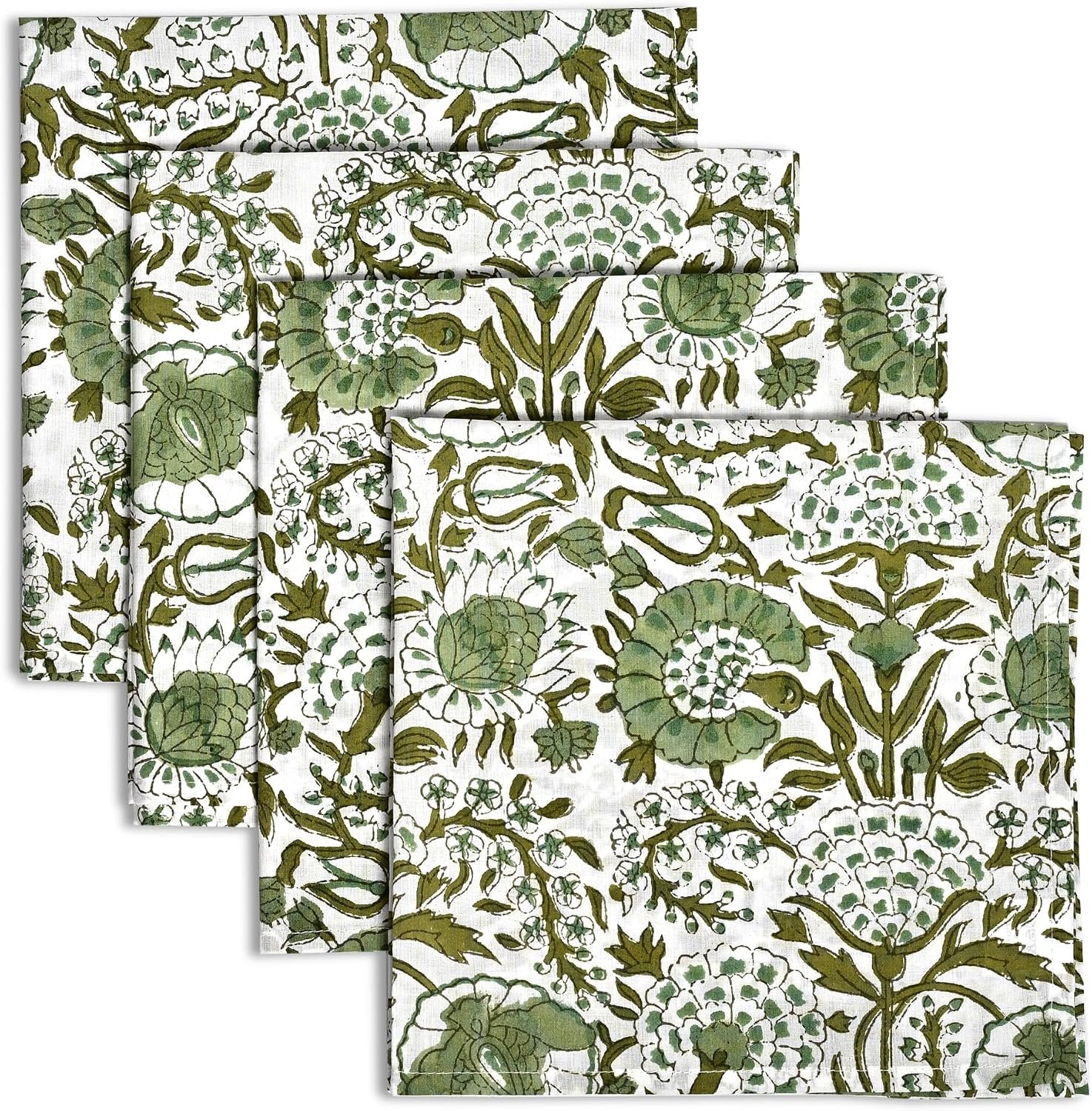 CPC Agate Green Indian Block Print Cotton Cloth Napkins Set of 4, 18×18 Reusable Everyday Napkins, Soft, Absorbent, Floral Dinner Napkin, Holiday, Party Gift, Spring,Mother’s Day