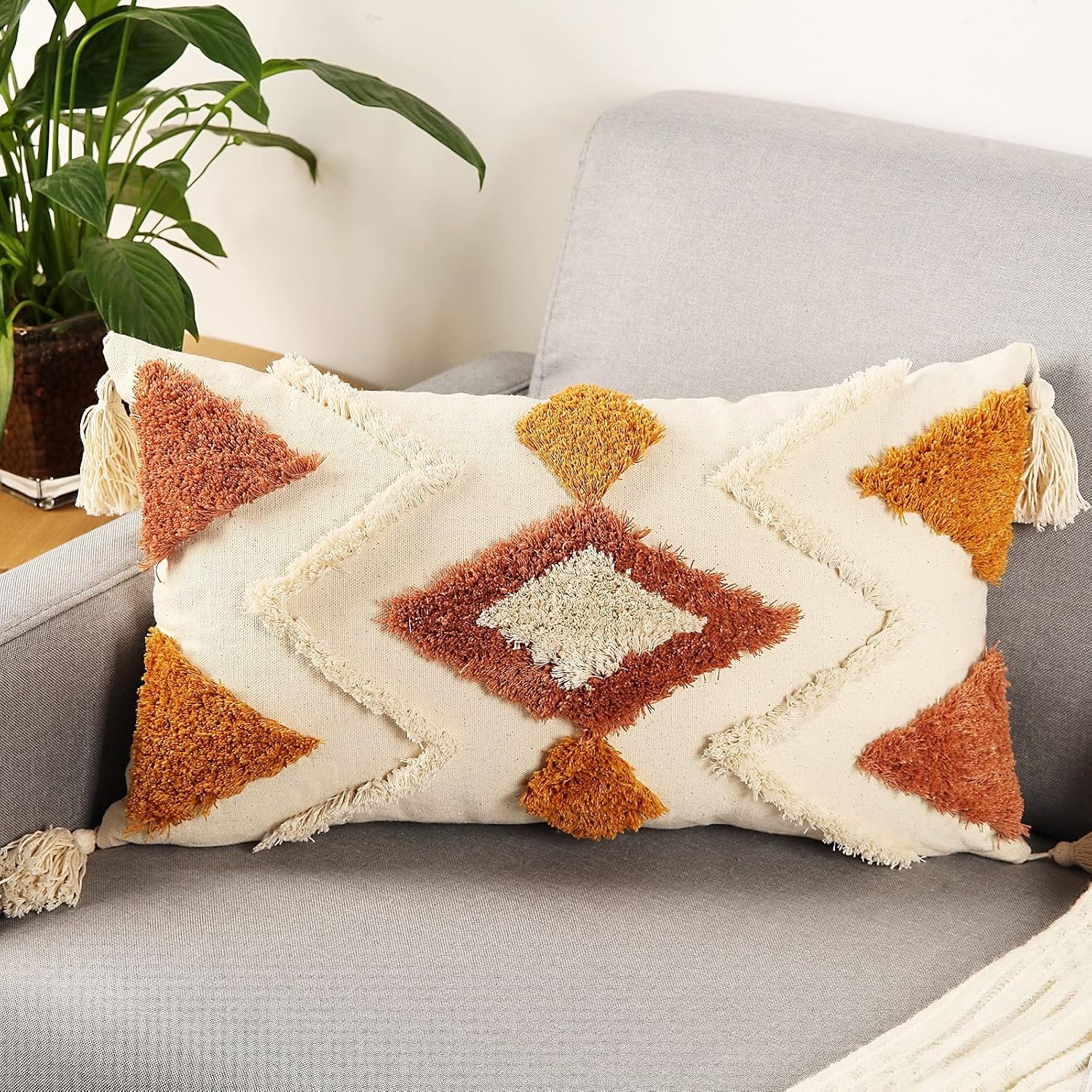 Merrycolor Boho Lumbar Throw Pillow Cover 12×20 inch,Bohemian Tufted Decorative Pillow Covers with Tassels for Couch Sofa Bedroom Living Room