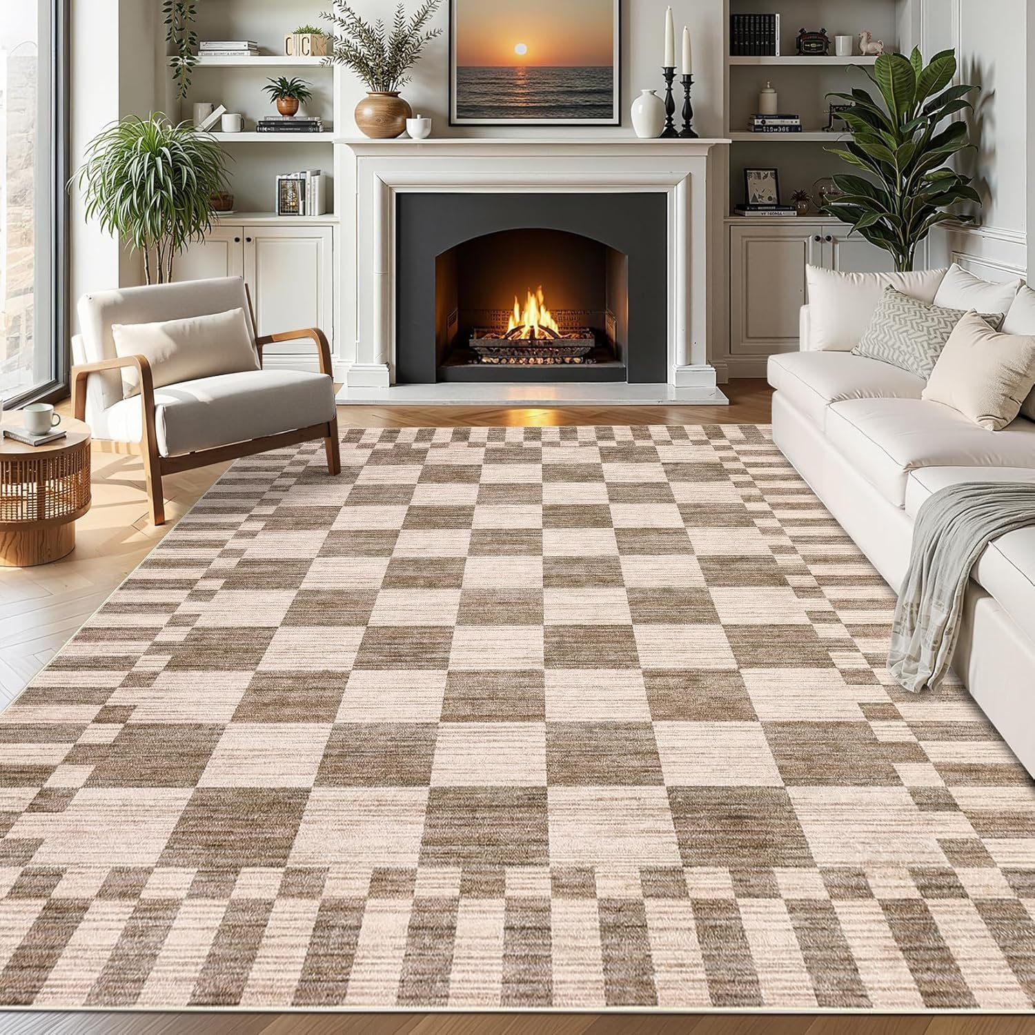 GarveeHome Brown Checkered Rug 5×7 Area Rugs Washable Living Room 5×7 Rug | Geometric Tan Print Non-Slip Farmhouse Rug Soft Low-Pile Neutral Modern Rugs for Living Room Bedroom Dining Room Office
