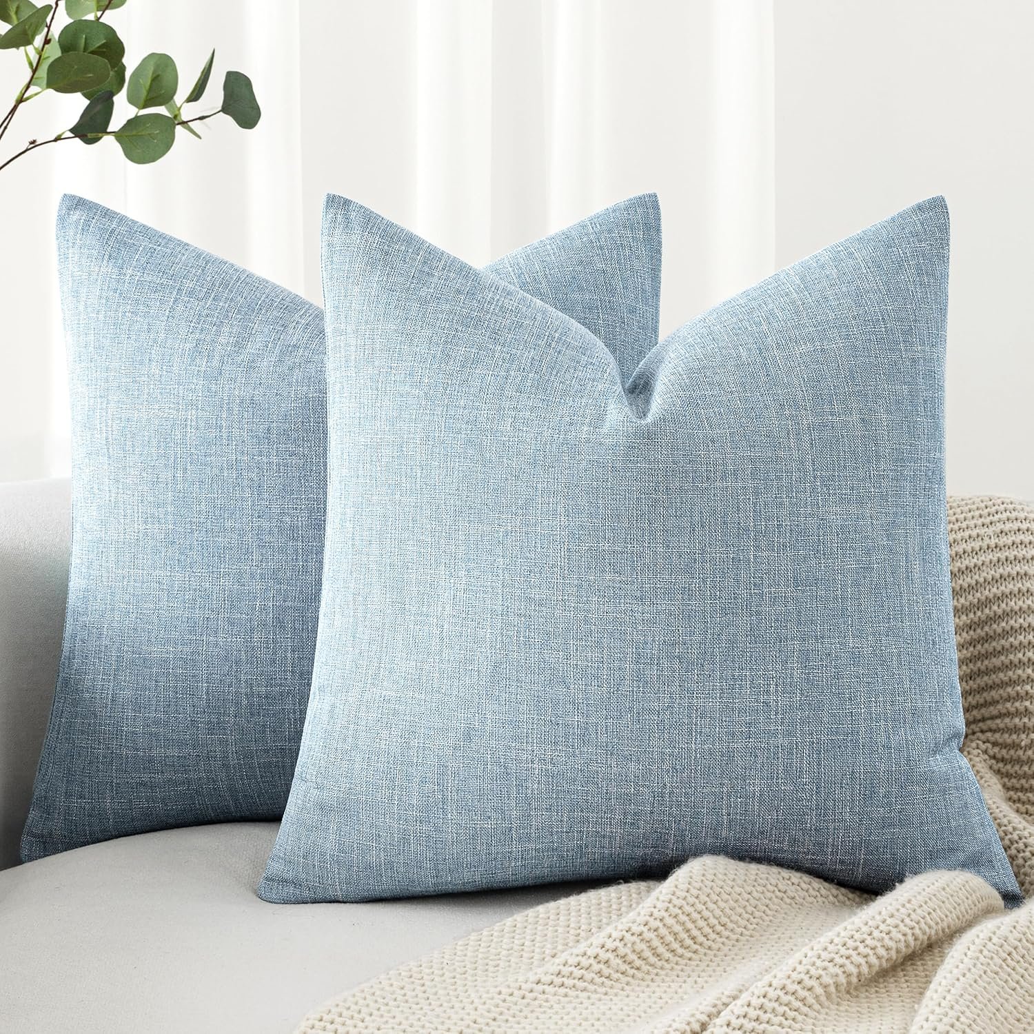MIULEE Pack of 2 Linen Textured Pillow Covers, 18×18 Inch Light Blue | Decorative Burlap Pillowcases, Coastal Boho Farmhouse Accent Home Decor for Sofa Couch Bedroom Living Room