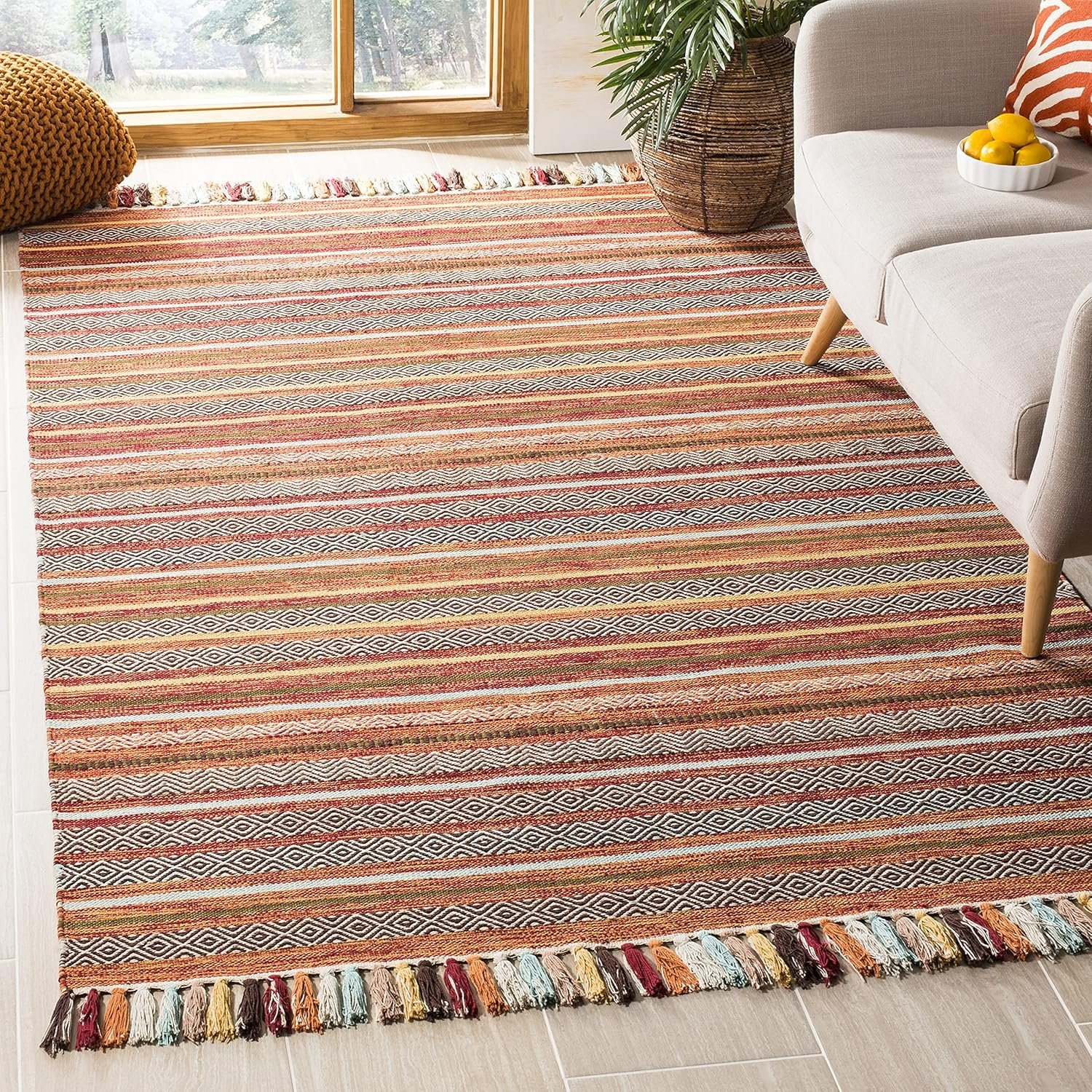 SAFAVIEH Montauk Collection Accent Rug – 3′ x 5′, Rust & Multi, Handmade Boho Stripe Fringe Cotton, Ideal for High Traffic Areas in Entryway, Living Room, Bedroom (MTK901D)