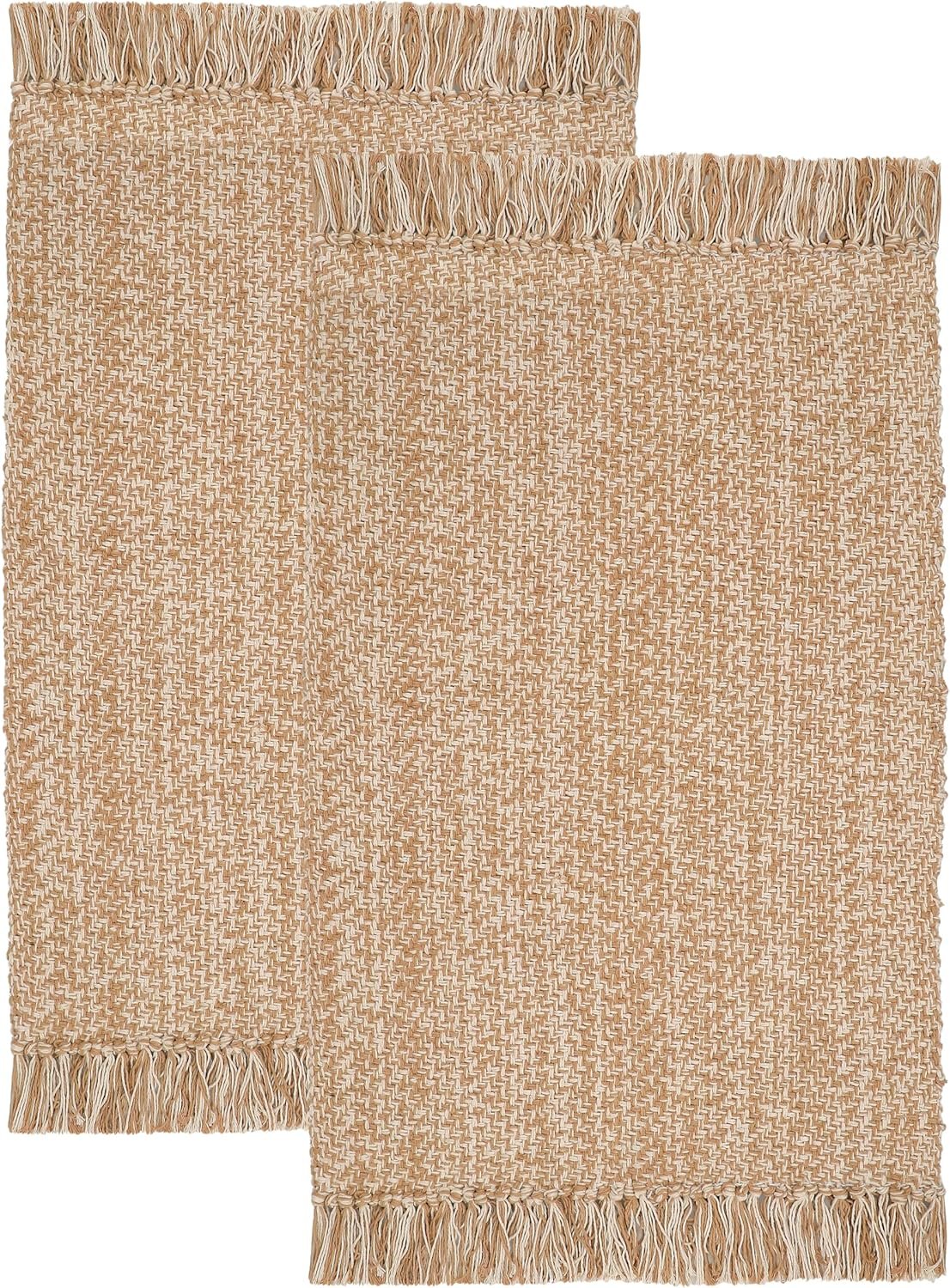 COTTON CRAFT Woven Area Rug – 2 Pack Entryway Mat with Fringe – Tan Natural | Reversible Boho Farmhouse Rustic Cotton Throw Rug Carpet – Washable Accent Mat for Bedroom Living Room Kitchen Bathroom Dorm