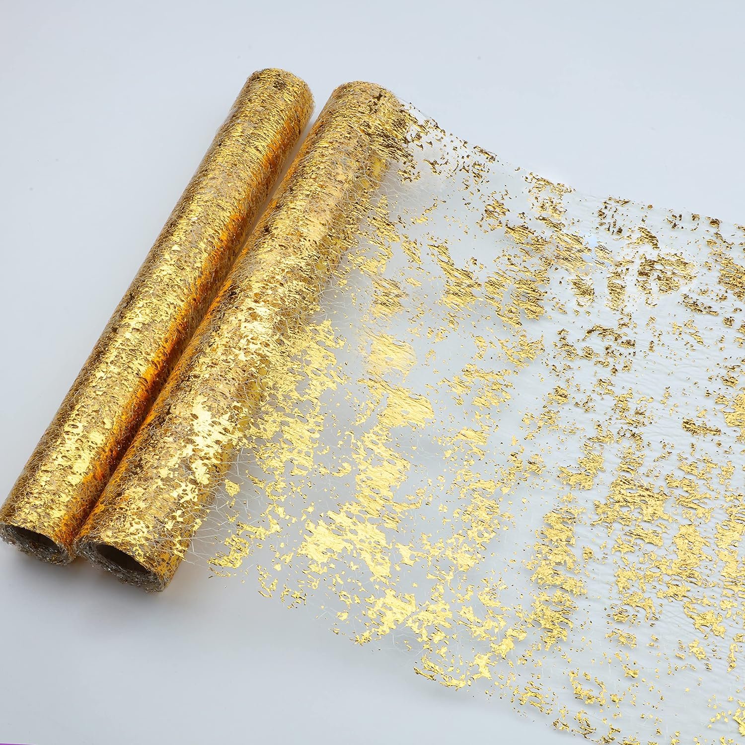 Snowkingdom 2 Pieces Gold Table Runner, Sequin Glitter Foil Metallic Thin Mesh Runner Roll 11″x108″, Gold Table Decorations for Event Party, Wedding, Birthday Party, Christmas