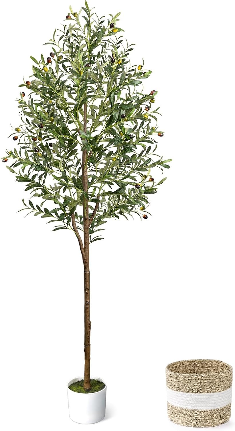 6FT Artificial Olive Tree Indoor Tall Faux with Planter&Basket