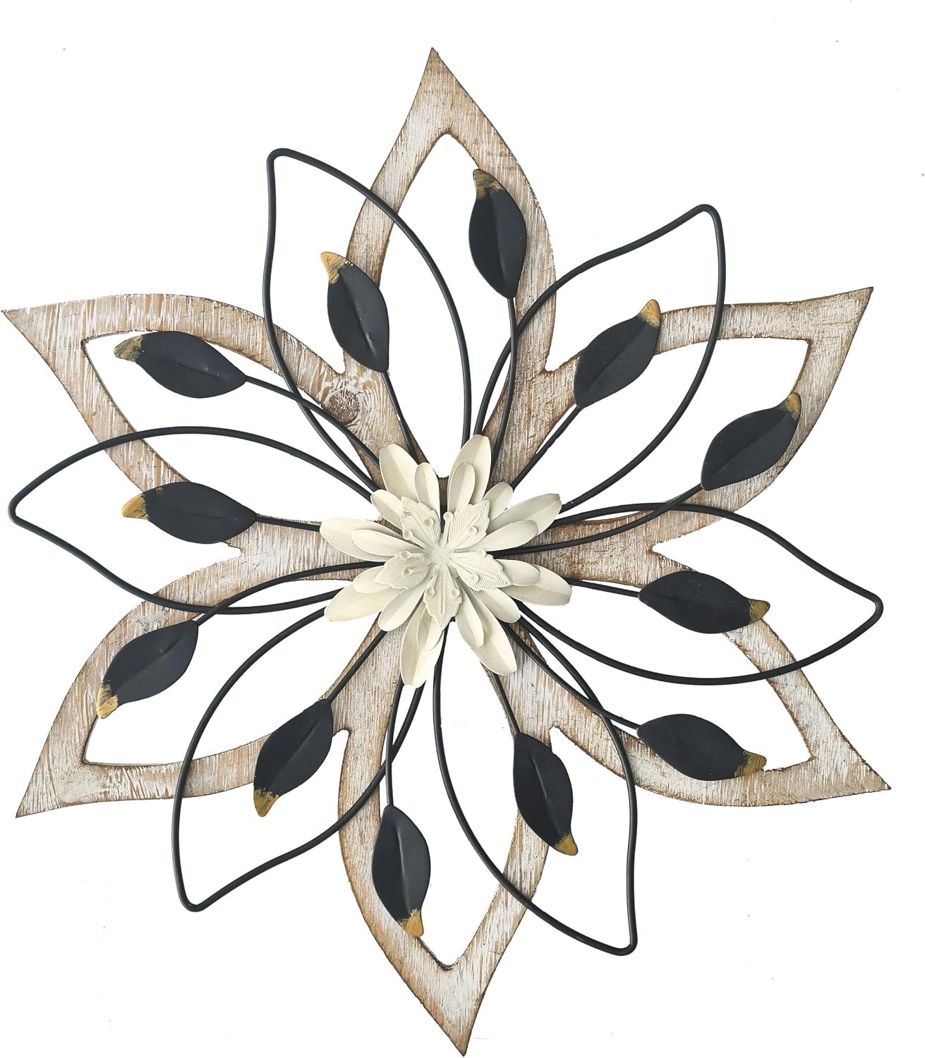 Remenna Whitewash Flowers Wood Wall Decor, Metal Rustic Wall Art Farmhouse Wall Decorations Multiple Floral Hanging Decor for Bathroom Living Room Home Office Garden Kitchen