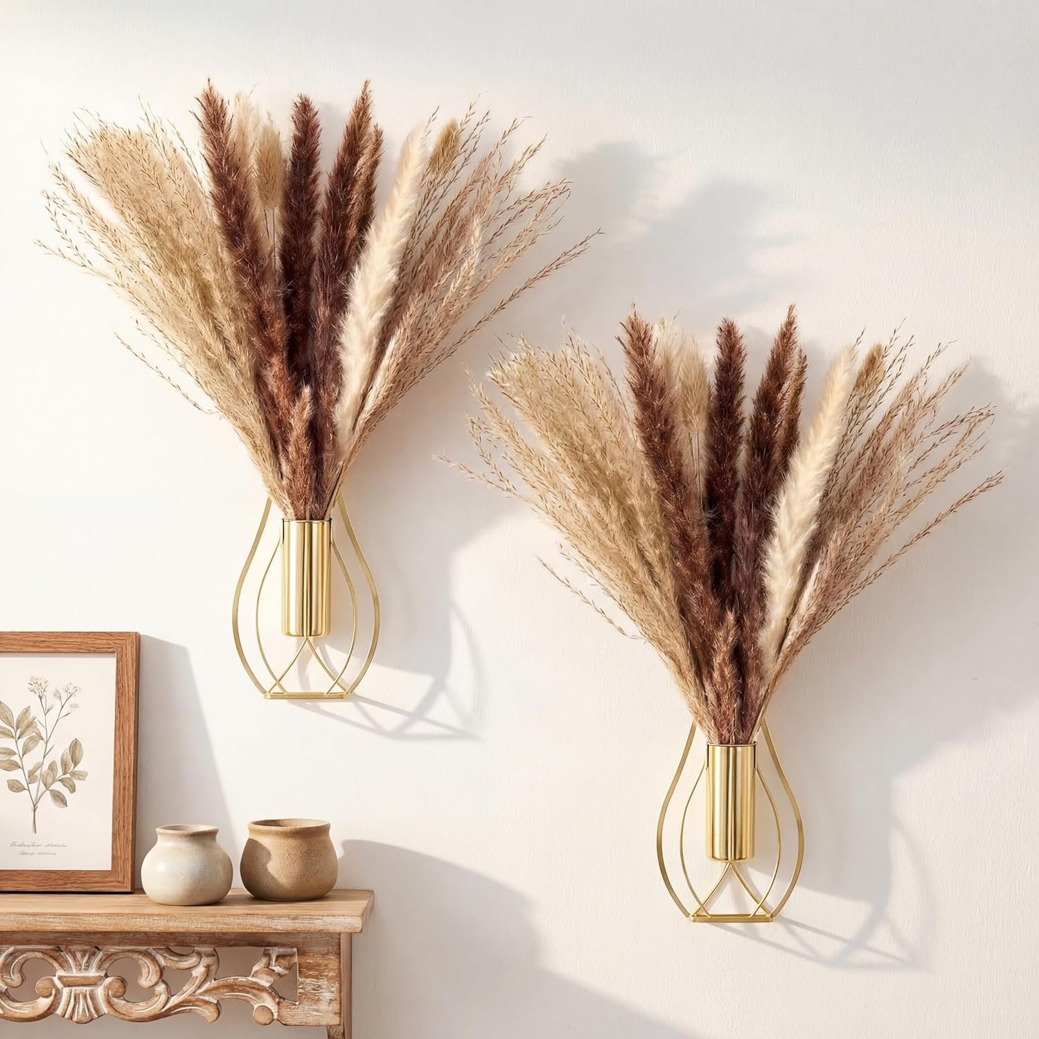 Otoolling Boho Wall Decor Set of 2, Gold, Pampas